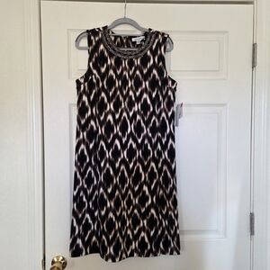 NWT Liz Claiborne Black and Cream Ikat Beaded-Neck Midi Dress